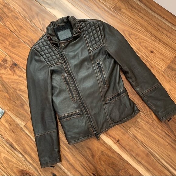 ALLSAINTS Mens Cargo Quilted Brown Leather Biker Jacket XS - Picture 2 of 15